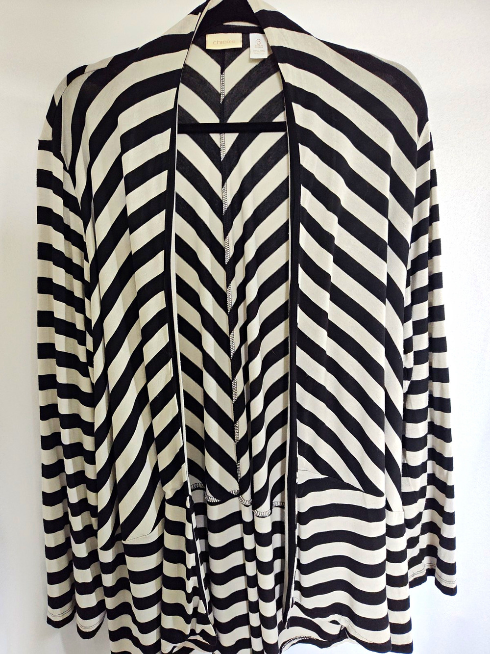 Chico's Black White Striped Lightweight Knit V-Neck Open Front Cardigan 16